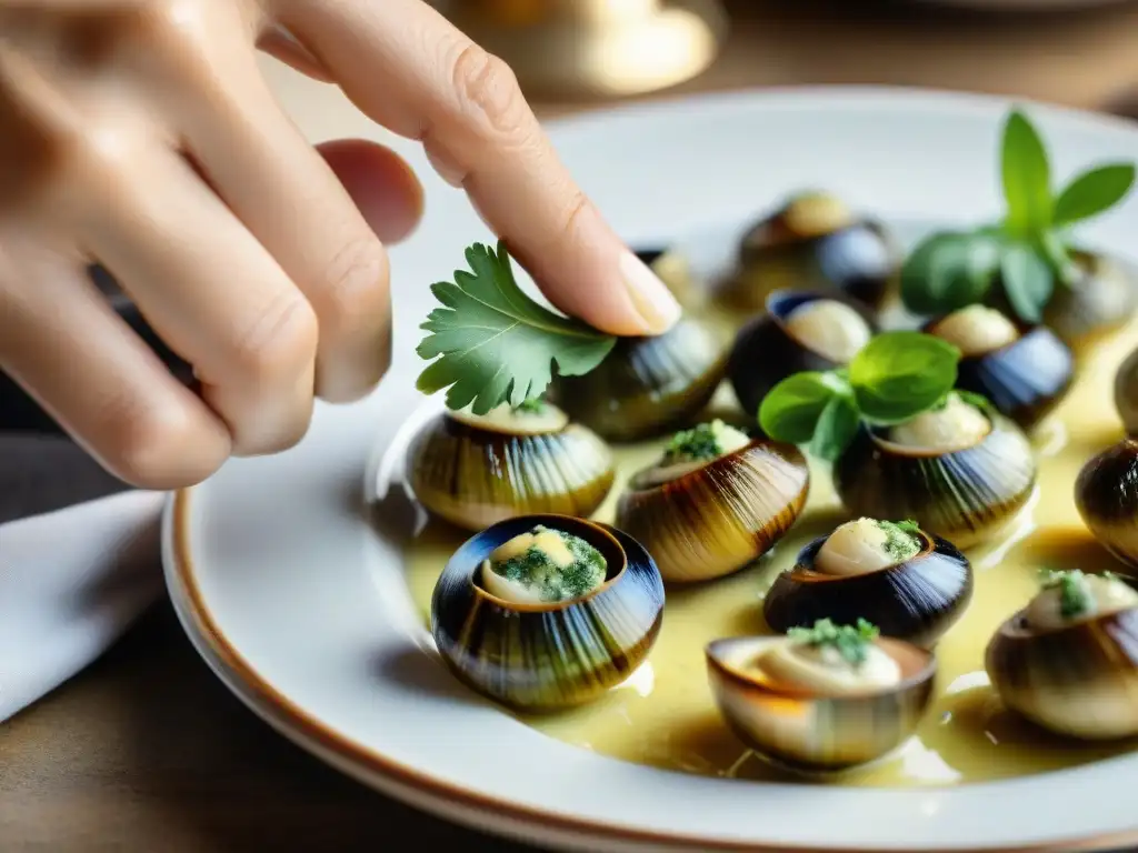 Un chef experto preparando Escargots de Bourgogne en una cocina francesa tradicional, mostrando la receta tradicional escargots Borgoña