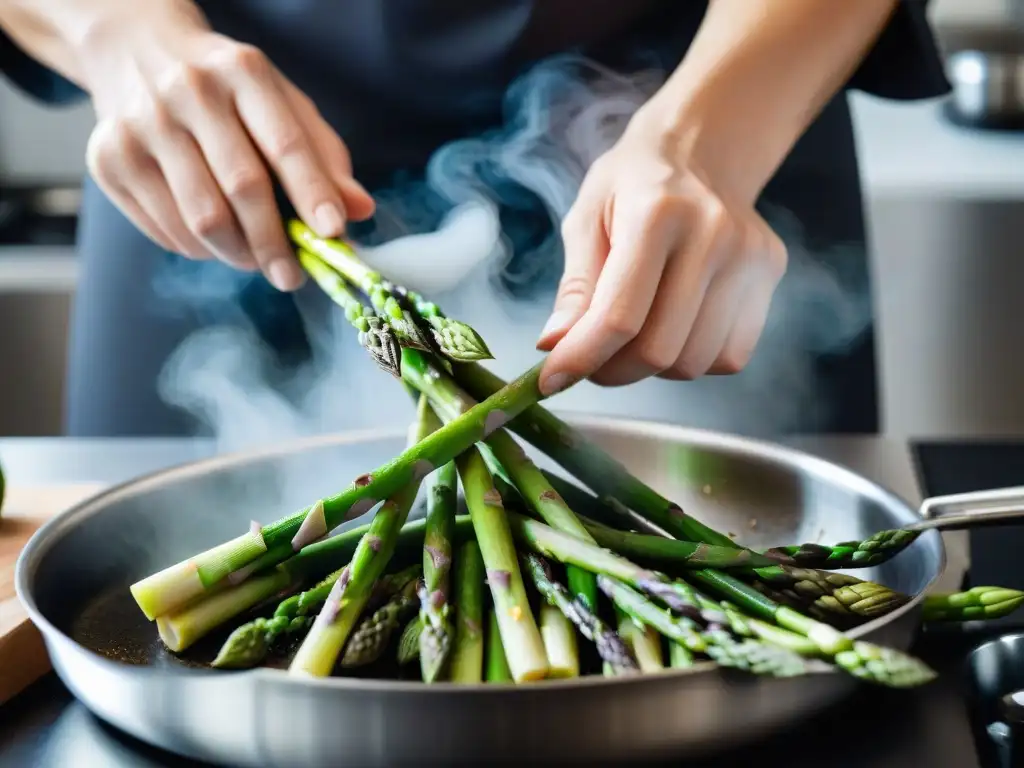 Un chef experto blanqueando espárragos verdes en una olla de acero inoxidable, destreza y técnica blanqueado vegetales perfectos