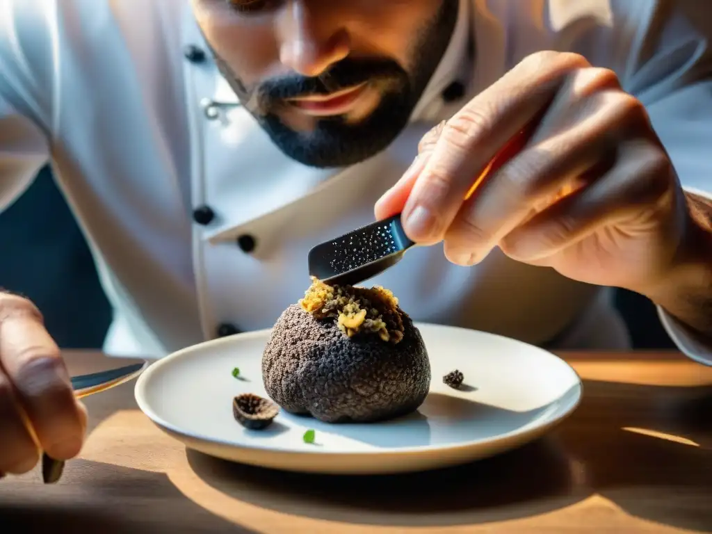 Chef experto preparando una exquisita receta con trufas negras Périgord