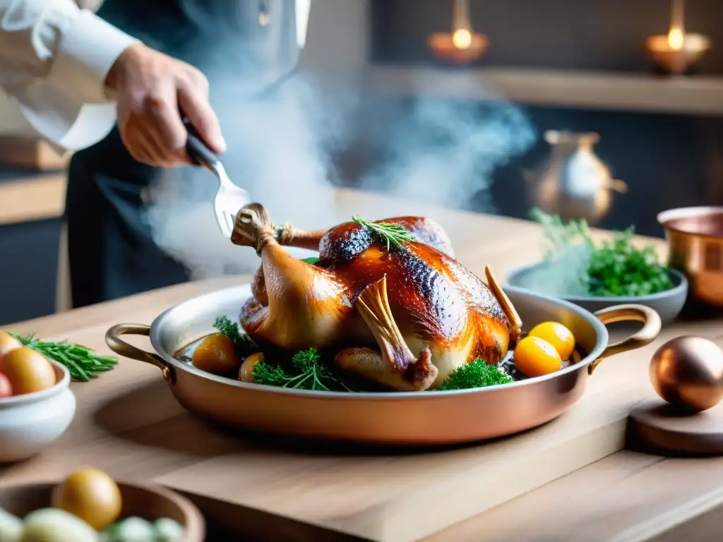 Un chef experto prepara un exquisito coq au vin en una cocina francesa tradicional, mostrando platos clásicos gastronomía francesa innovaciones