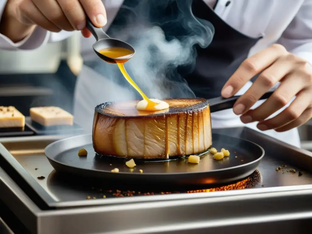 Un chef experto dorando un exquisito foie gras en una sartén, capturando la maestría culinaria