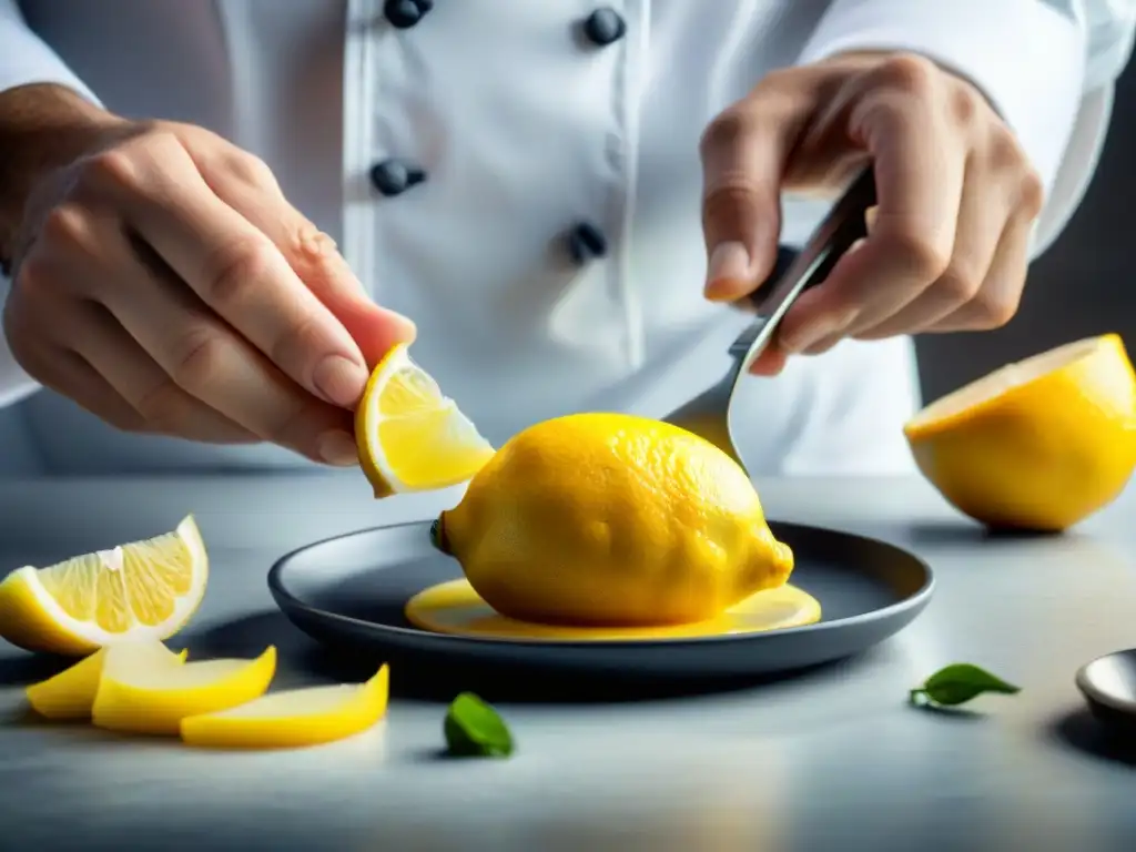 Un chef experto zesteando limón sobre un exquisito platillo francés