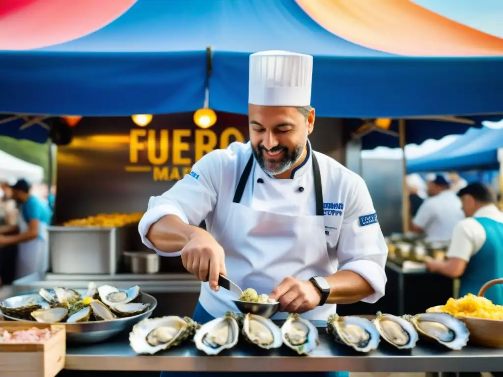 Chef experto shuckeando ostras en el Festival del Marisco de Bretaña Un chef experto en el Festival del Marisco de Bretaña, shuckeando ostras en un puesto de mariscos