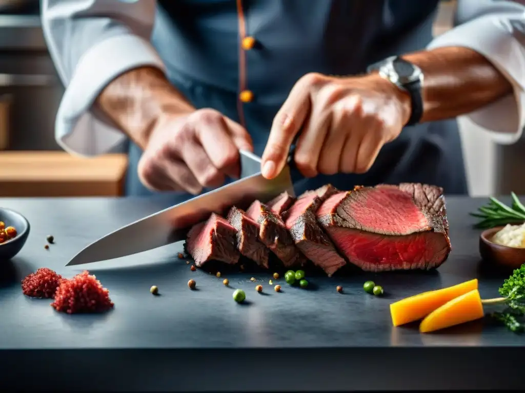 Un chef experto cortando filete de primera calidad en finas tiras, en una cocina profesional