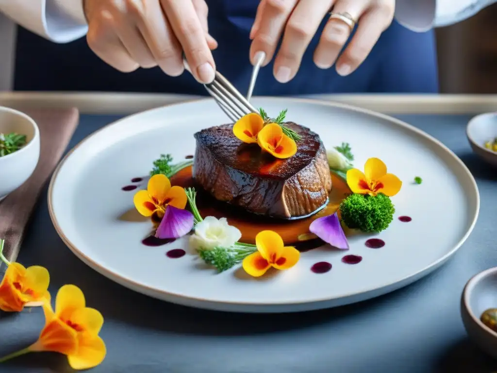 Chef experto colocando flores comestibles en plato de Coq au Vin, mostrando la precisión y arte de la presentación culinaria francesa en competiciones