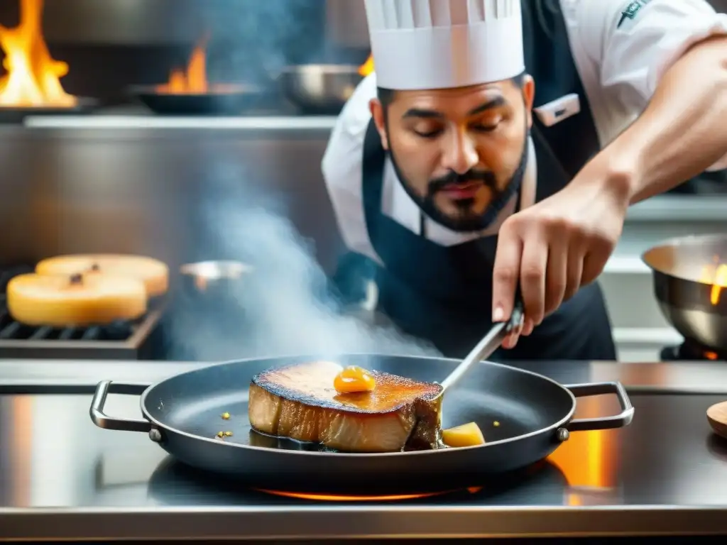 Un chef experto sellando un foie gras en una sartén caliente, demostrando maestría culinaria y el lujo de la alta cocina