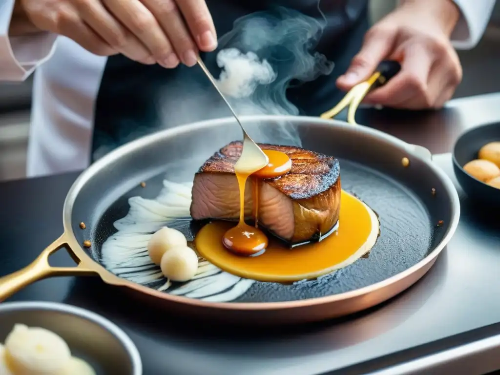 Un chef experto elaborando foie gras gourmet francés en una sartén de cobre brillante