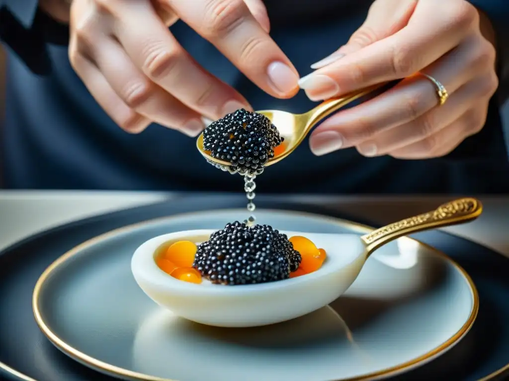 Un chef experto coloca caviar francés en una cuchara de nácar, mostrando precisión y elegancia