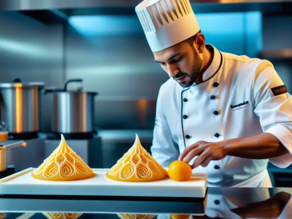 Chef experto usando impresión 3D en gastronomía francesa para crear esculturas de azúcar