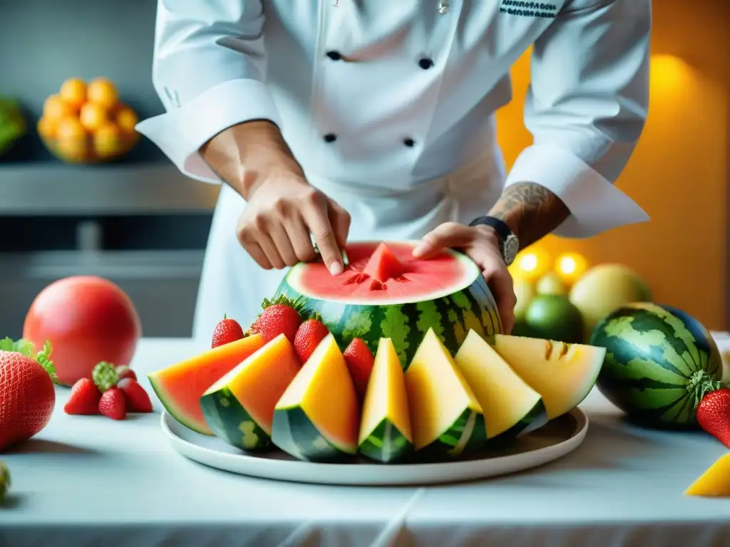 Un chef experto tallando frutas con precisión y creatividad inspiradas en la técnica francesa