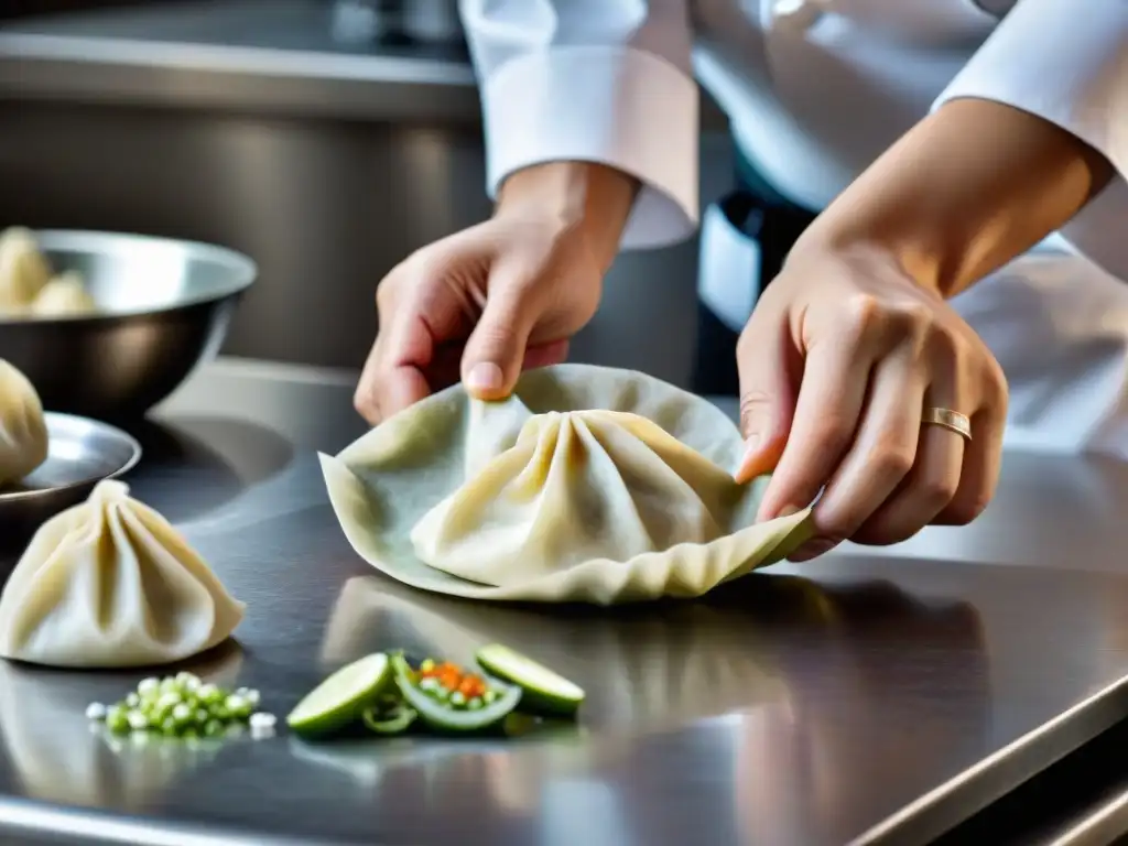 Un chef experto crea dumplings fusionados con influencia francesa en una cocina innovadora