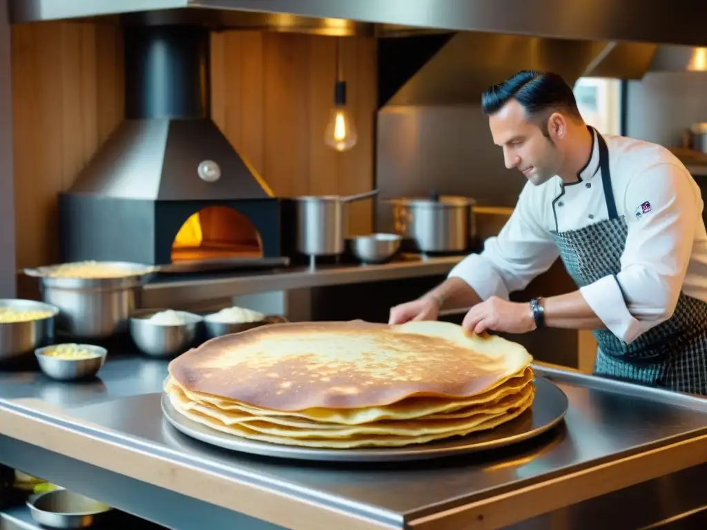 Un chef experto prepara galettes bretonas en una crepería tradicional, reflejando la influencia culinaria de Bretaña