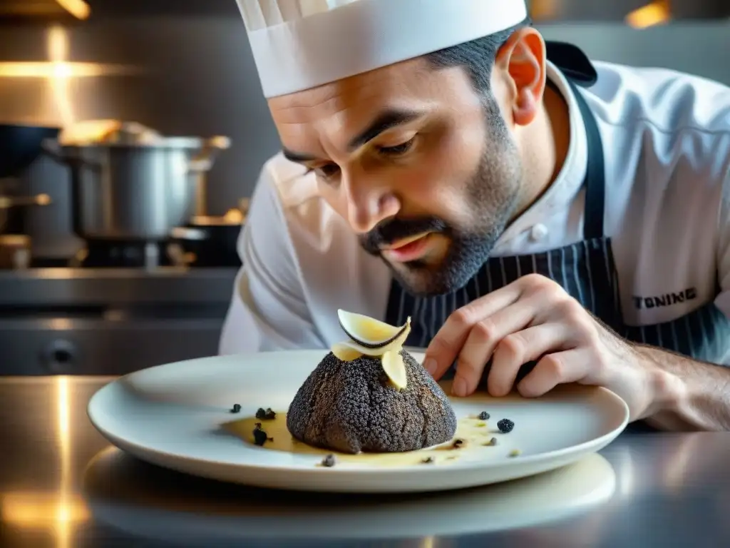 Chef francés experto en gastronomía francesa, delicadamente rallando trufa negra de Périgord sobre un exquisito plato