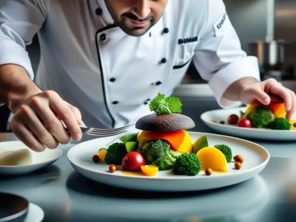 Un chef experto en gastronomía francesa crea un plato de nouvelle cuisine con precisión y creatividad