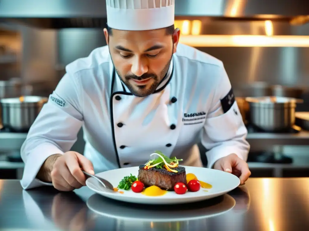 Un chef experto en fotografía gastronómica para menú, plasmando arte y precisión al arreglar un colorido platillo en una cocina moderna y luminosa