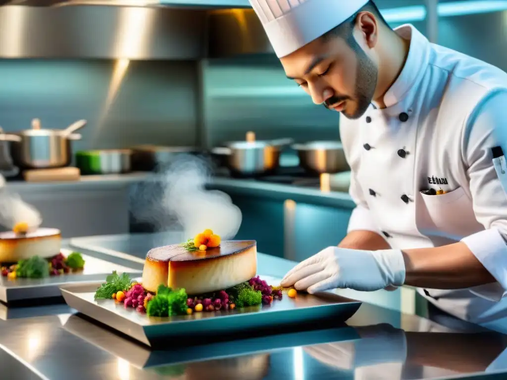 Un chef experto preparando foie gras en cocina fusión, fusionando tradición francesa con sabores asiáticos