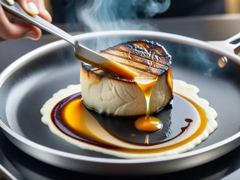 Un chef experto fusiona foie gras en una sartén caliente, mostrando la precisión culinaria de la cocina internacional