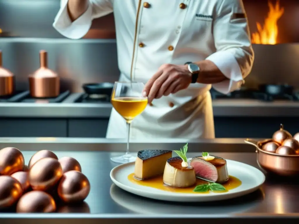 Un chef francés experto marida foie gras con Sauternes en una cocina francesa