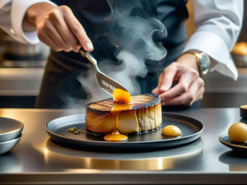 Un chef experto preparando foie gras con técnicas avanzadas, mostrando arte culinario