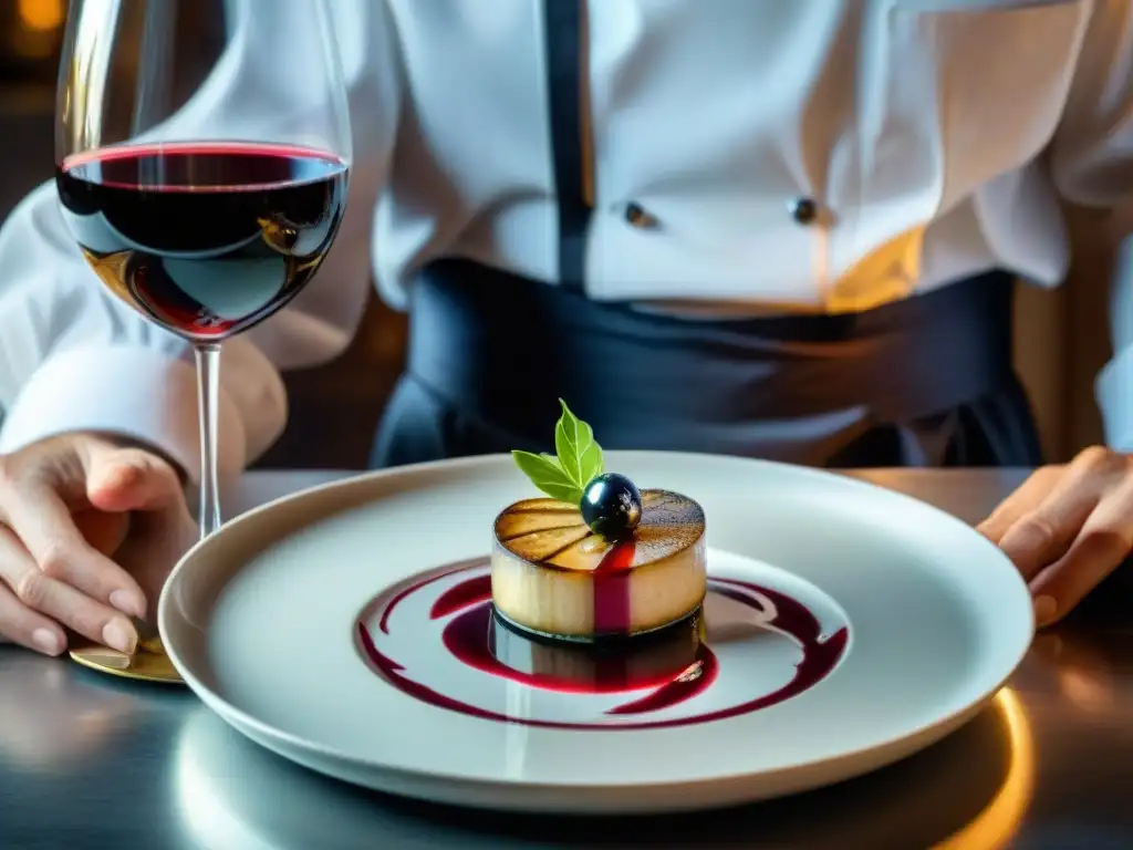 Un chef francés experto marida foie gras con vino Bordeaux en un ambiente sofisticado y moderno