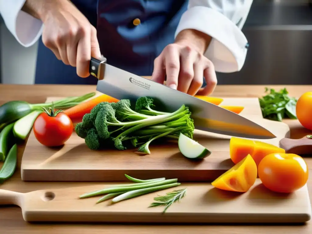 Un chef experto usando Herramientas de corte para chefs con precisión y destreza sobre verduras frescas en tabla de madera