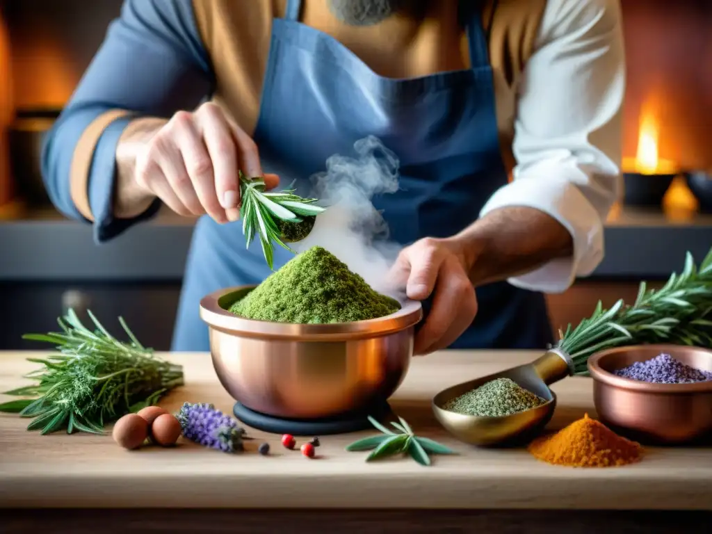 Un chef experto muele hierbas y especias francesas saludables en un mortero, en una cocina rústica iluminada por la luz natural