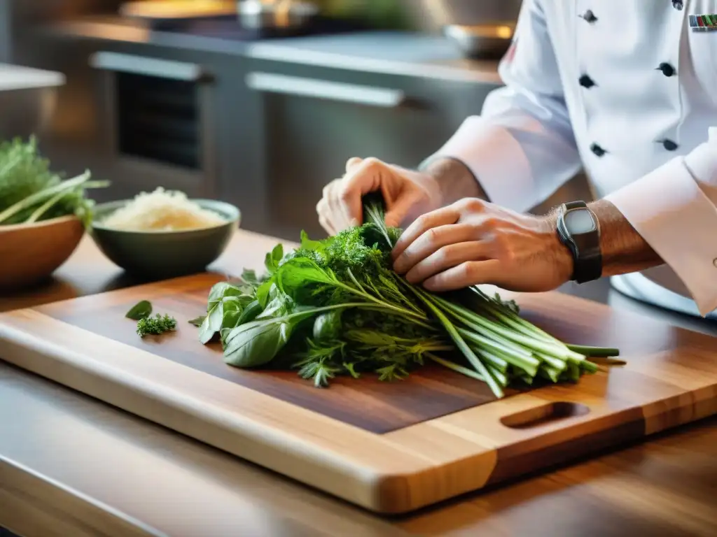 Un chef experto cortando hierbas frescas en una tabla de cortar de cocina francesa, capturando la esencia de la técnica culinaria