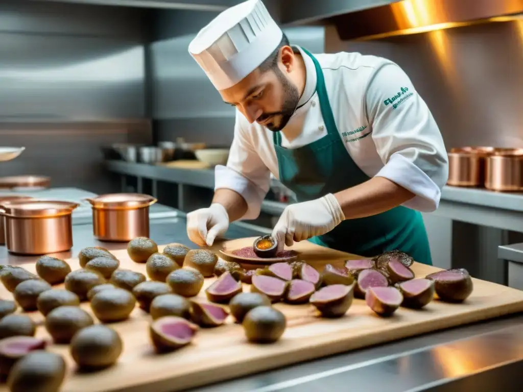 Un chef experto selecciona hígados frescos para preparar foie gras técnicas avanzadas en una cocina francesa tradicional