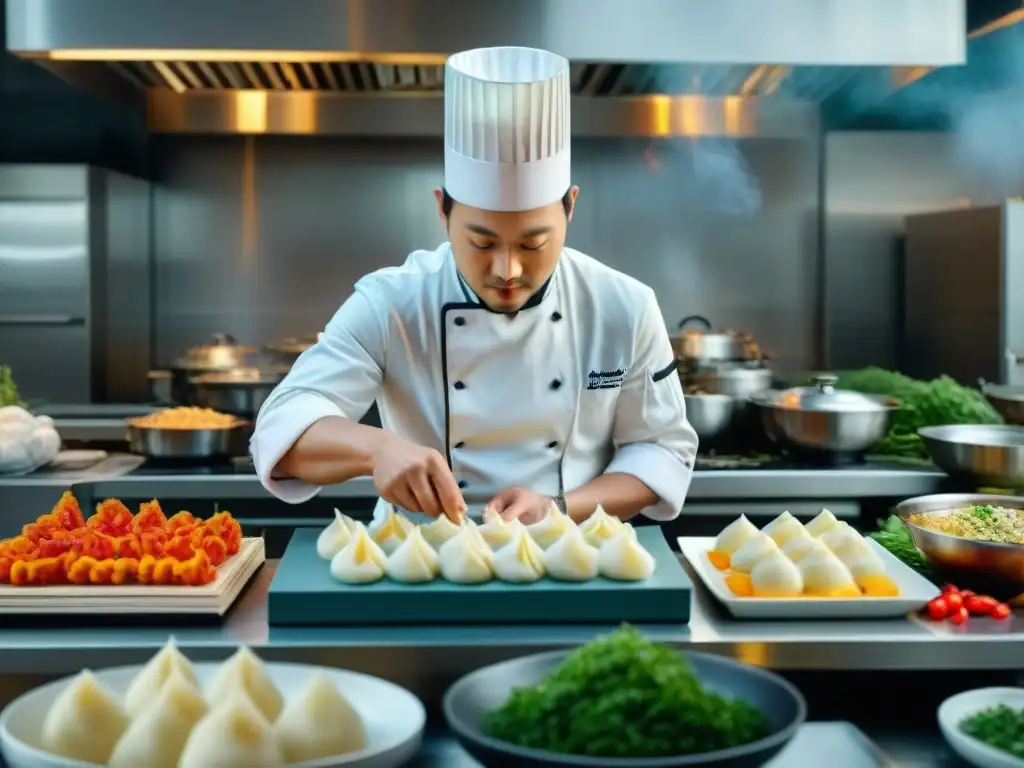 Un chef experto preparando dumplings con influencia francesa en una cocina bulliciosa