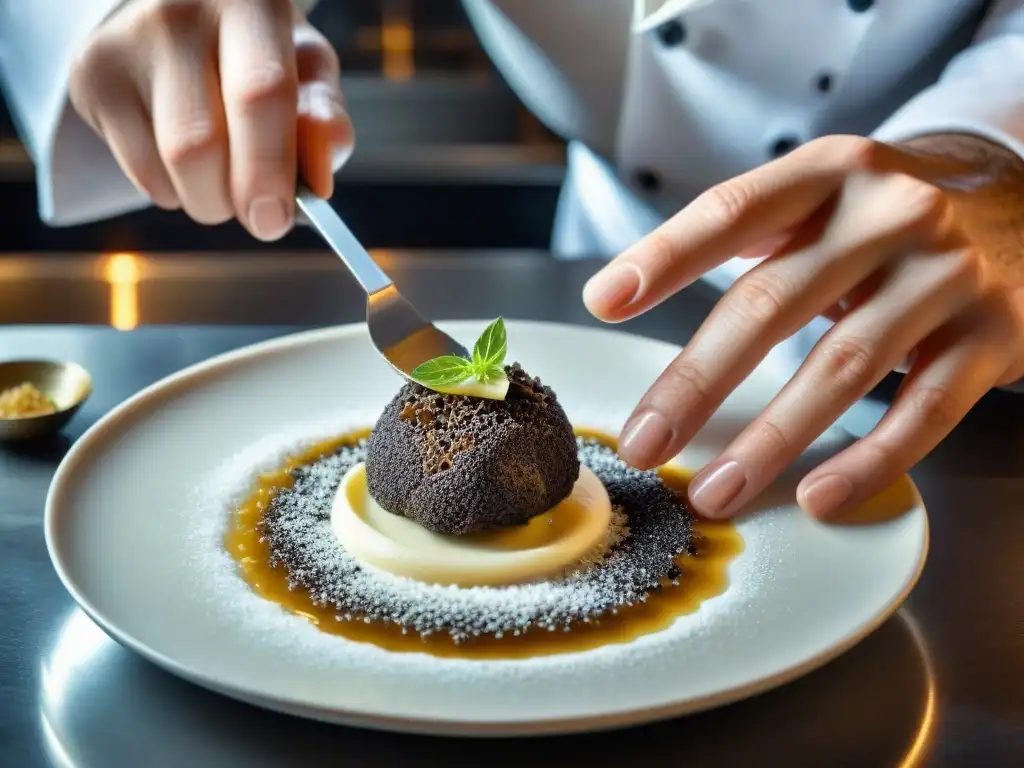 Un chef experto fusiona influencia italiana en gastronomía francesa al rallar trufas negras sobre un exquisito plato