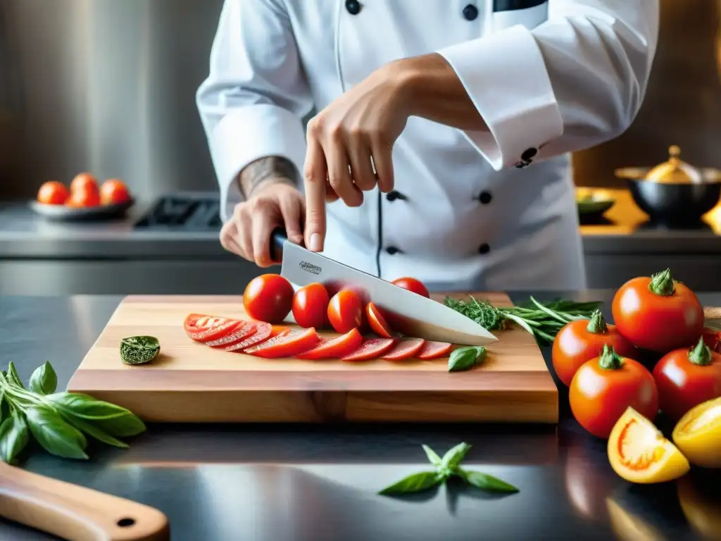 Un chef experto cortando ingredientes con cuchillo chef en cocina francesa de alta gama