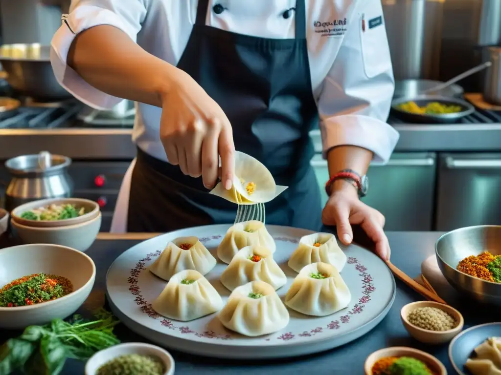 Un chef experto elabora dumplings fusionando ingredientes franceses y asiáticos, reflejando innovación culinaria