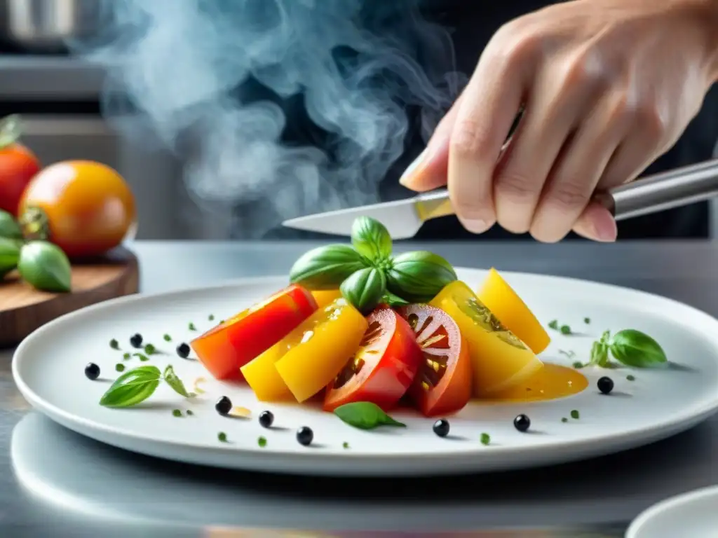 Un chef experto preparando ingredientes frescos en un plato blanco, destacando la precisión y arte de la gastronomía francesa