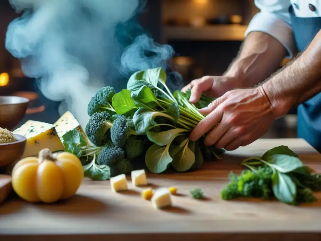 Un chef experto selecciona ingredientes olvidados en una cocina francesa rústica