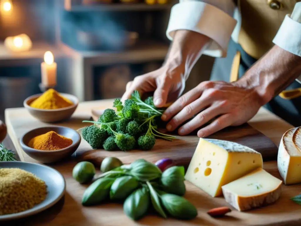 Chef experto manipulando ingredientes olvidados de la cocina francesa en una escena rústica y vibrante