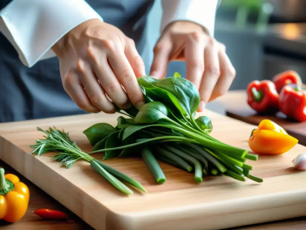 Chef experto preparando hierbas frescas con maestría Un chef experto prepara ingredientes para salsas madre, mostrando destreza y pasión culinaria en una cocina profesional