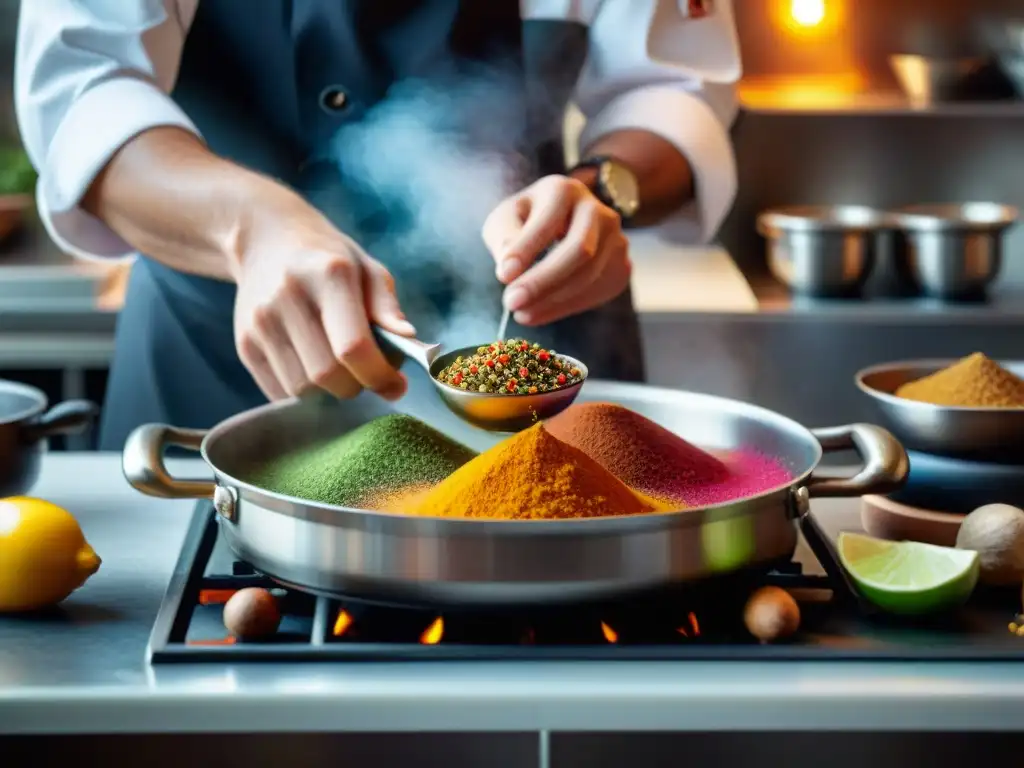 Un chef experto esparciendo ingredientes secretos en una sartén, fusionando aromas y texturas en una cocina francesa