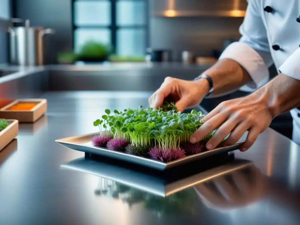 Un chef experto en innovaciones culinarias en gastronomía francesa arregla microgreens coloridos con precisión en un plato elegante en una cocina moderna