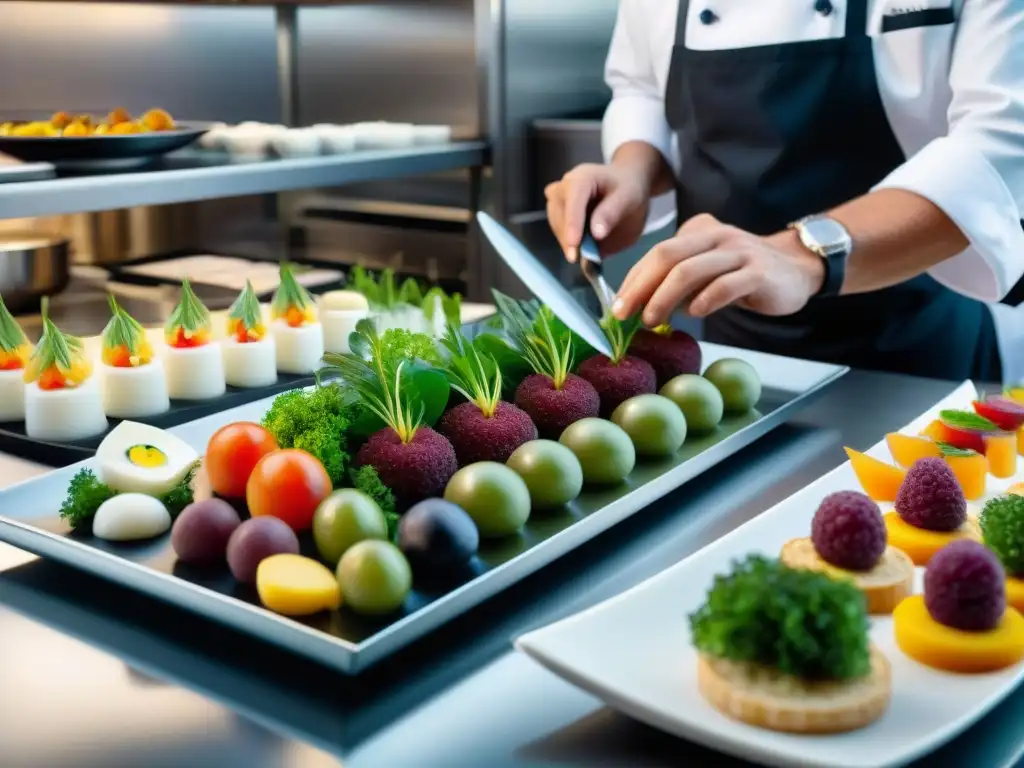 Un chef experto en innovaciones culinarias gastronomía francesa preparando una exquisita bandeja de aperitivos