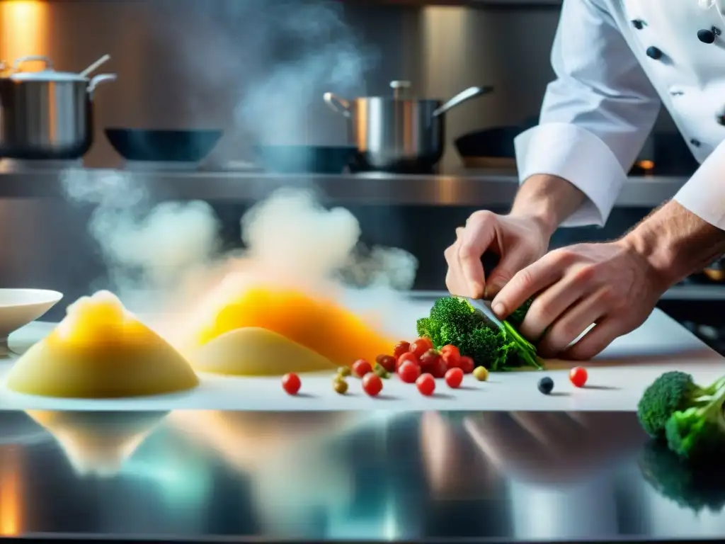 Un chef experto elabora una innovadora creación de la gastronomía francesa en una cocina vanguardista