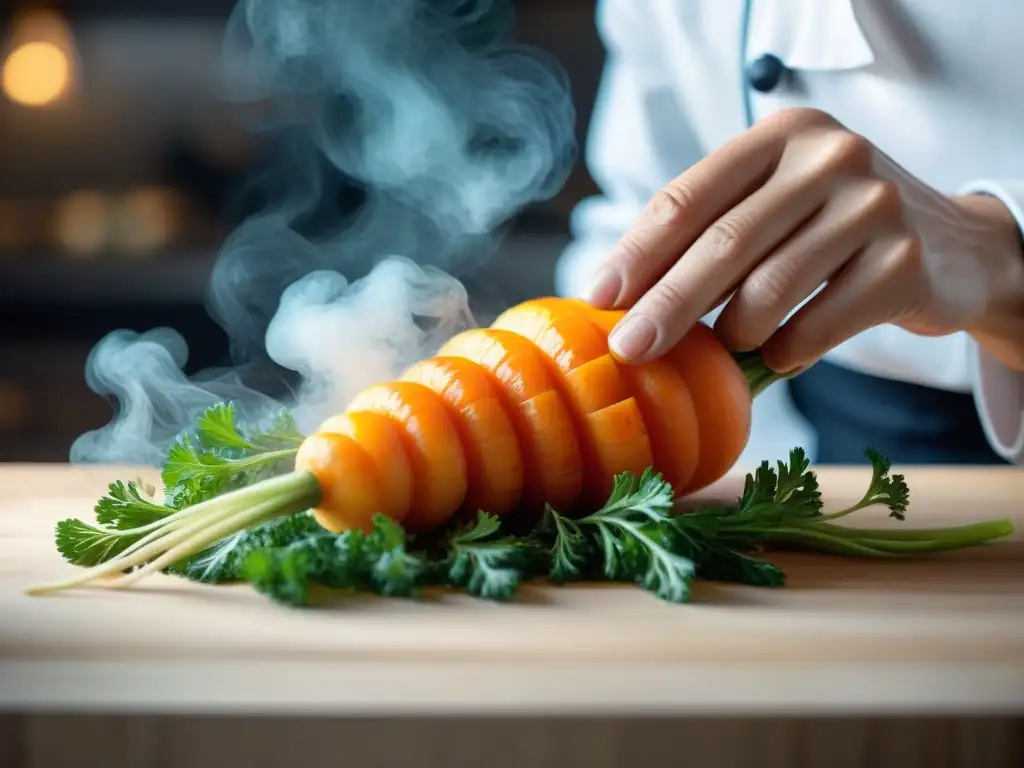 Un chef experto tallando intrincadas flores en una zanahoria, destacando la precisión y belleza del tallado en cocina francesa