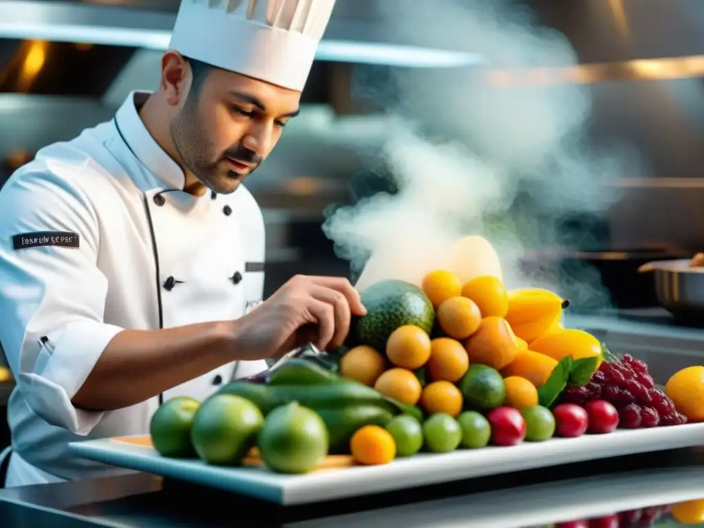 Un chef experto realiza un intrincado tallado en una colorida fuente de frutas