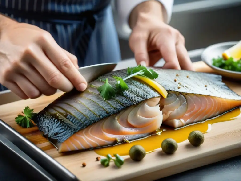 Un chef experto deshuesando un lenguado fresco para preparar la receta tradicional francesa de Sole Meunière, destacando su destreza culinaria