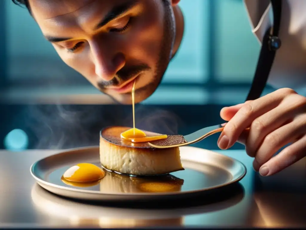 Un chef experto dorando un lóbulo de foie gras en una sartén de cobre, mostrando la caramelización dorada