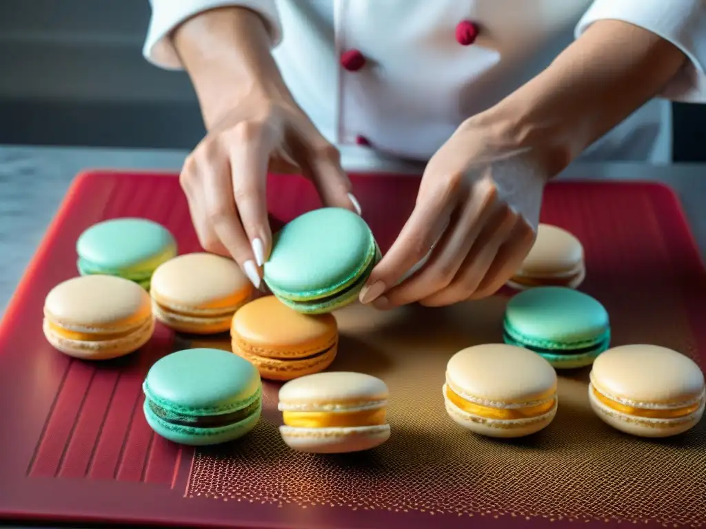 Chef experto elaborando macarons franceses sobre tapetes de silicona con precisión y coloridos