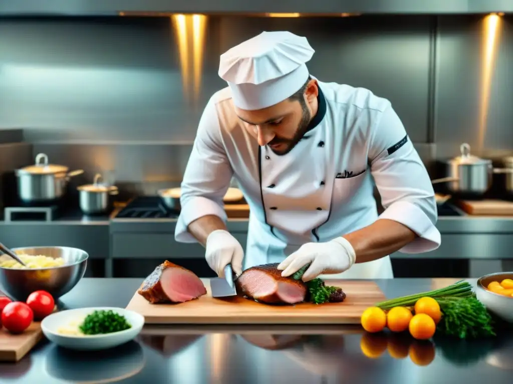 Un chef experto preparando un Magret de Pato francés en una cocina profesional