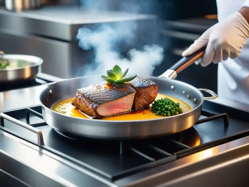 Un chef experto cocina un magret de pato francés con maestría en una sartén caliente, creando una escena de arte culinario meticuloso