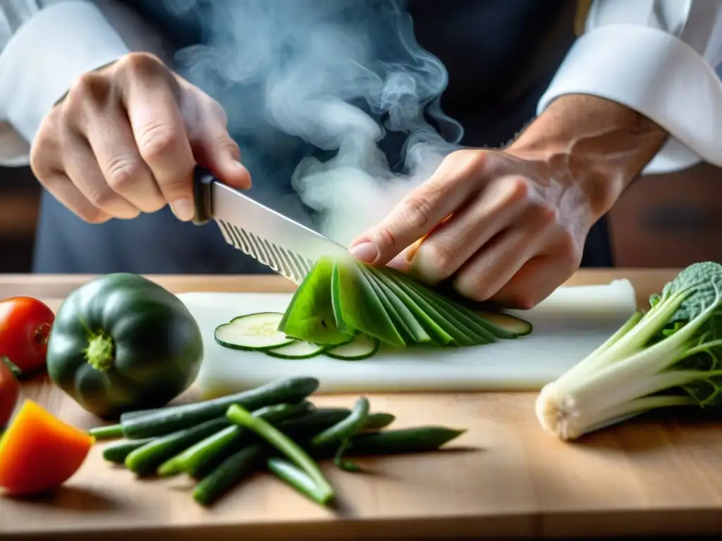 Un chef experto utiliza una mandolina francesa para cortar perfectos pedazos de verduras con precisión y destreza