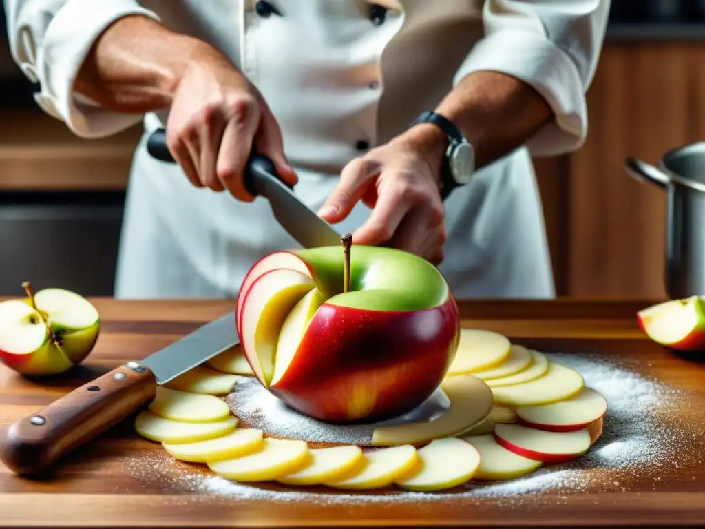 Un chef experto pela una manzana con precisión, rodeado de utensilios para tarta Tatin en una cocina profesional