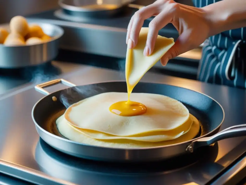 Un chef experto vertiendo masa de crepas en una sartén caliente, demostrando habilidades culinarias